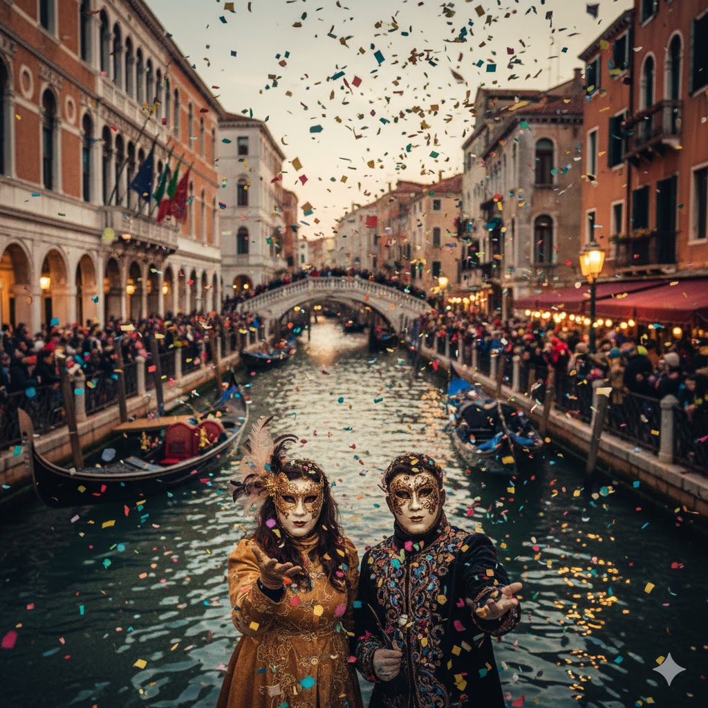 Venice Carnival with colorful masks and confetti floating over canals