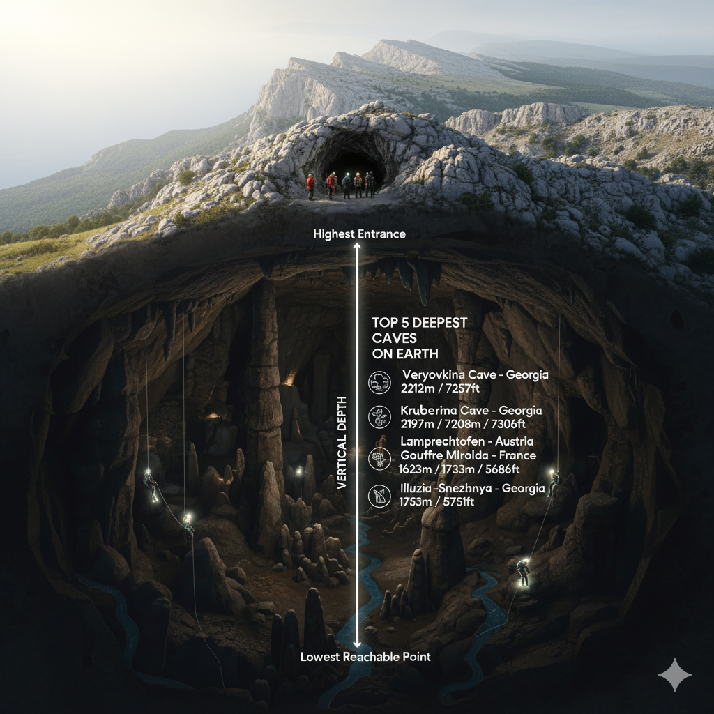 Veryovkina Cave - Krubera Cave - Lamprechtsofen-Vogelschacht System - Gouffre Mirolda - Illuzia–Snezhnaya–Mezhonnogo System