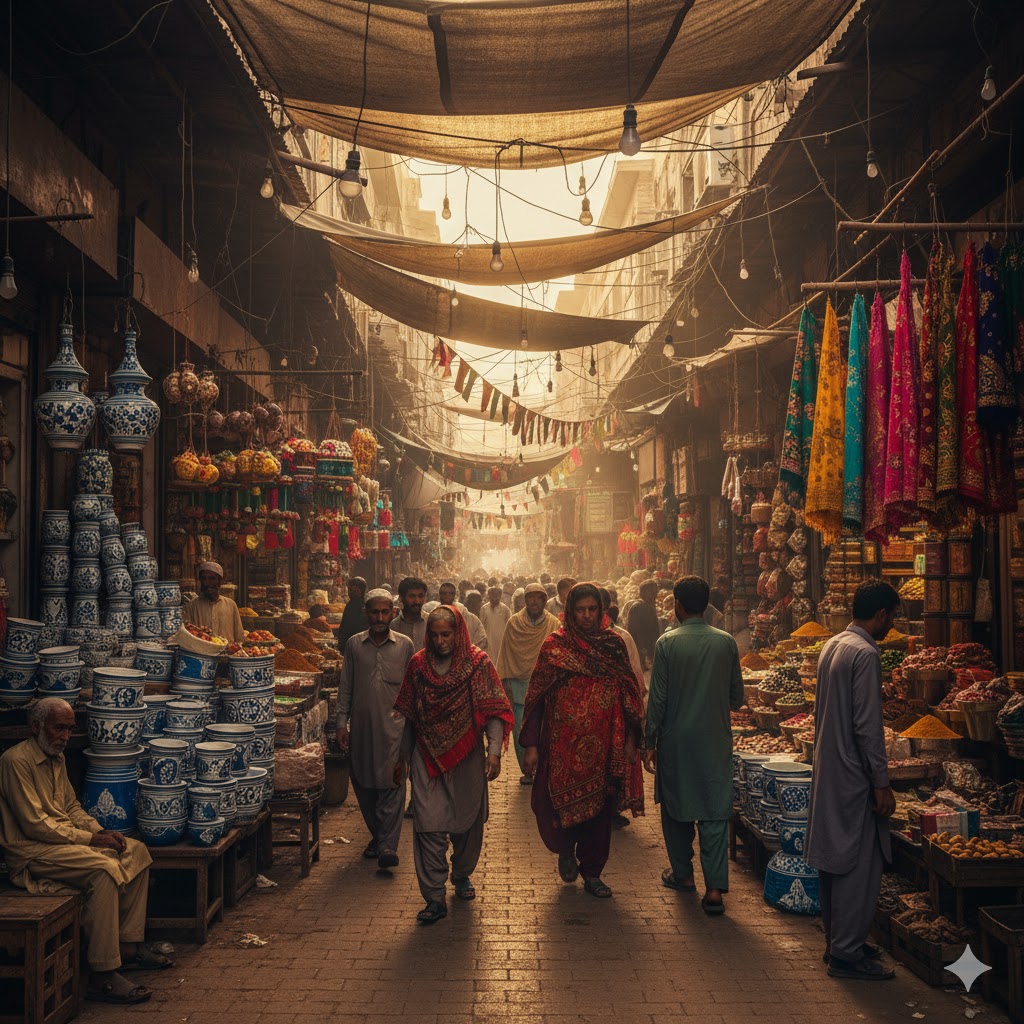 Vibrant Hussain Agahi Bazaar filled with shoppers, pottery, and colorful fabrics in Multan. Vibrant Hussain Agahi Bazaar filled with shoppers, pottery, and colorful fabrics in Multan.