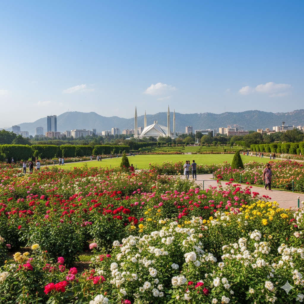 Vibrant Rose and Jasmine Garden with colorful flowerbeds and Islamabad skyline in the distance