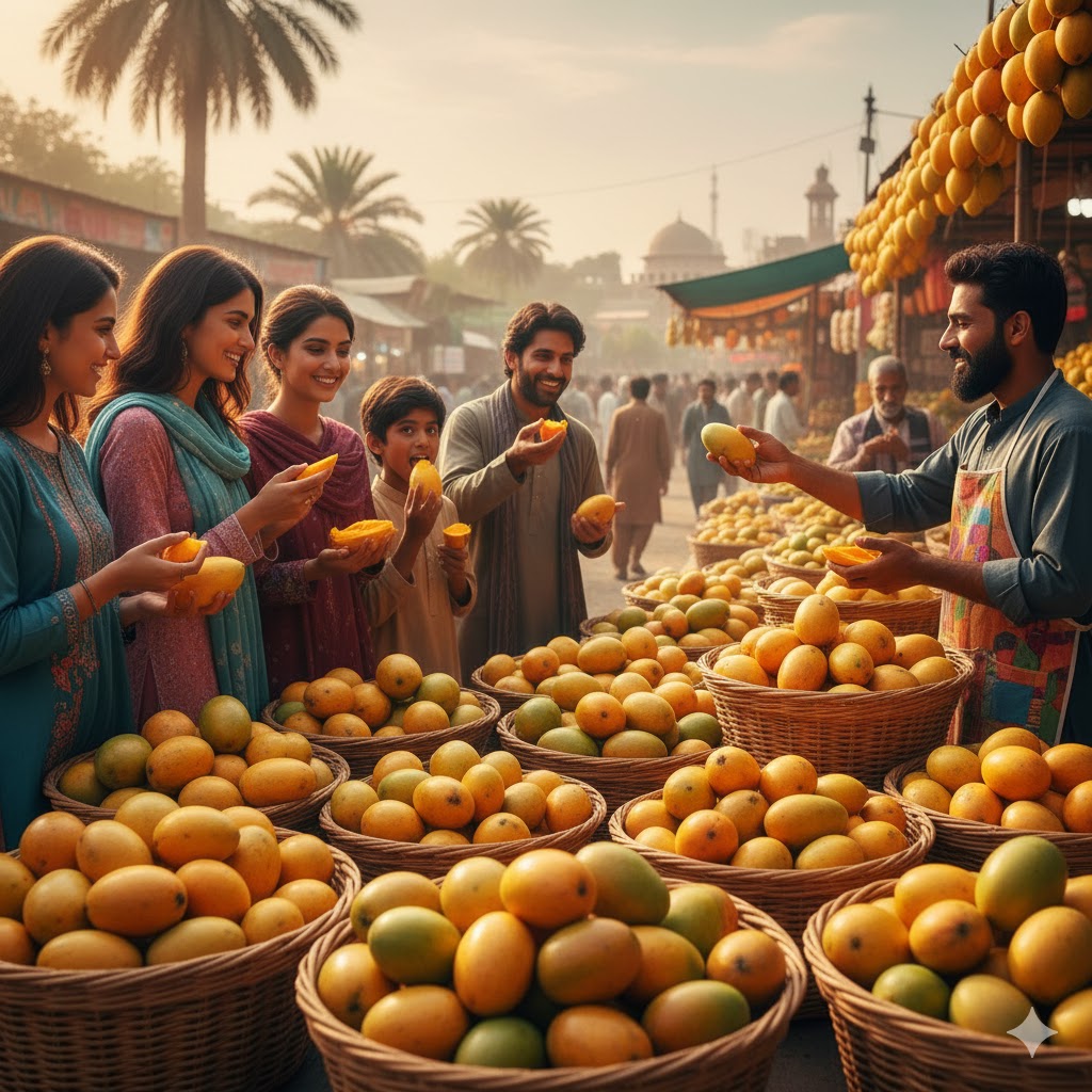 Vibrant display of mango baskets at Multan Mango Festival with people sampling fruit.