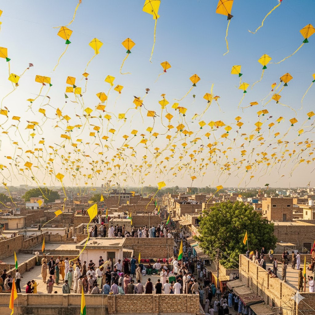 Vibrant sky filled with yellow kites during Basant Festival in Lahore