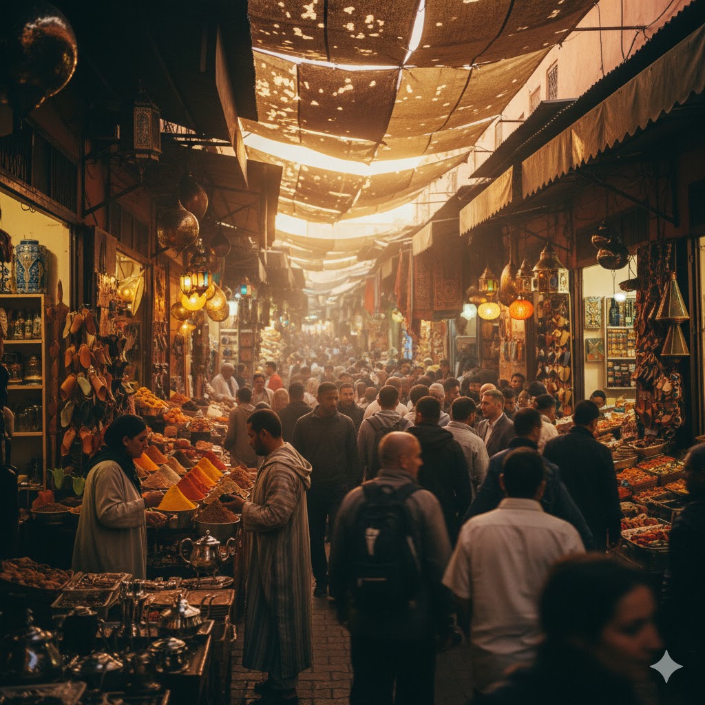 vibrant and bustling atmosphere of a souk in Marrakech, Morocco!