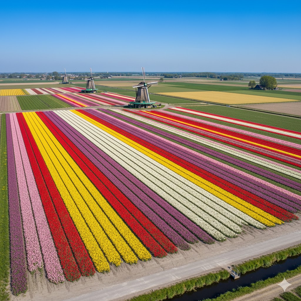 Vibrant tulip fields in the Netherlands with windmills under a bright blue sky