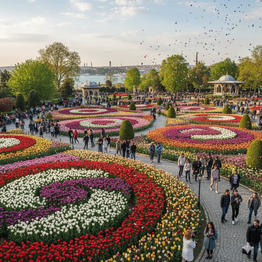 Vibrant tulip gardens in Emirgan Park, Istanbul during April 2026