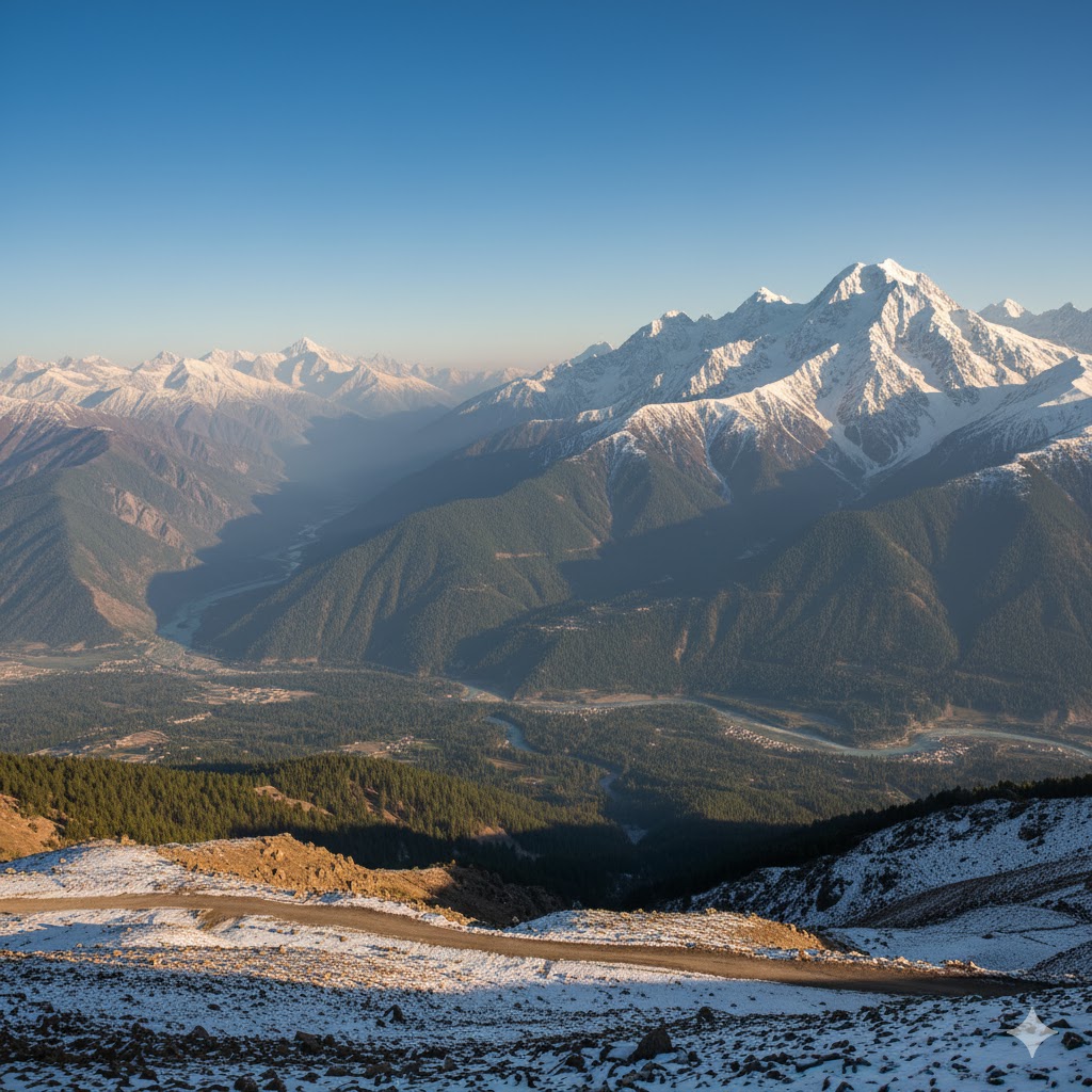 View from Babusar Top with snow-covered peaks and Kaghan Valley in the distance