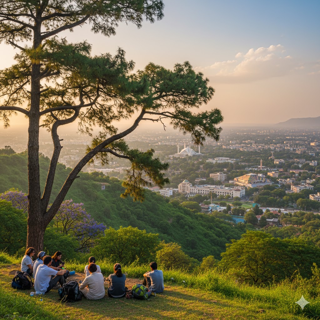 View from Daman-e-Koh showing Islamabad city and hikers resting under trees.