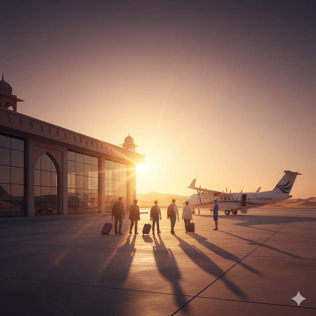 View of Bahawalpur Airport terminal and travelers boarding local flight under warm evening light. View of Bahawalpur Airport terminal and travelers boarding local flight under warm evening light.