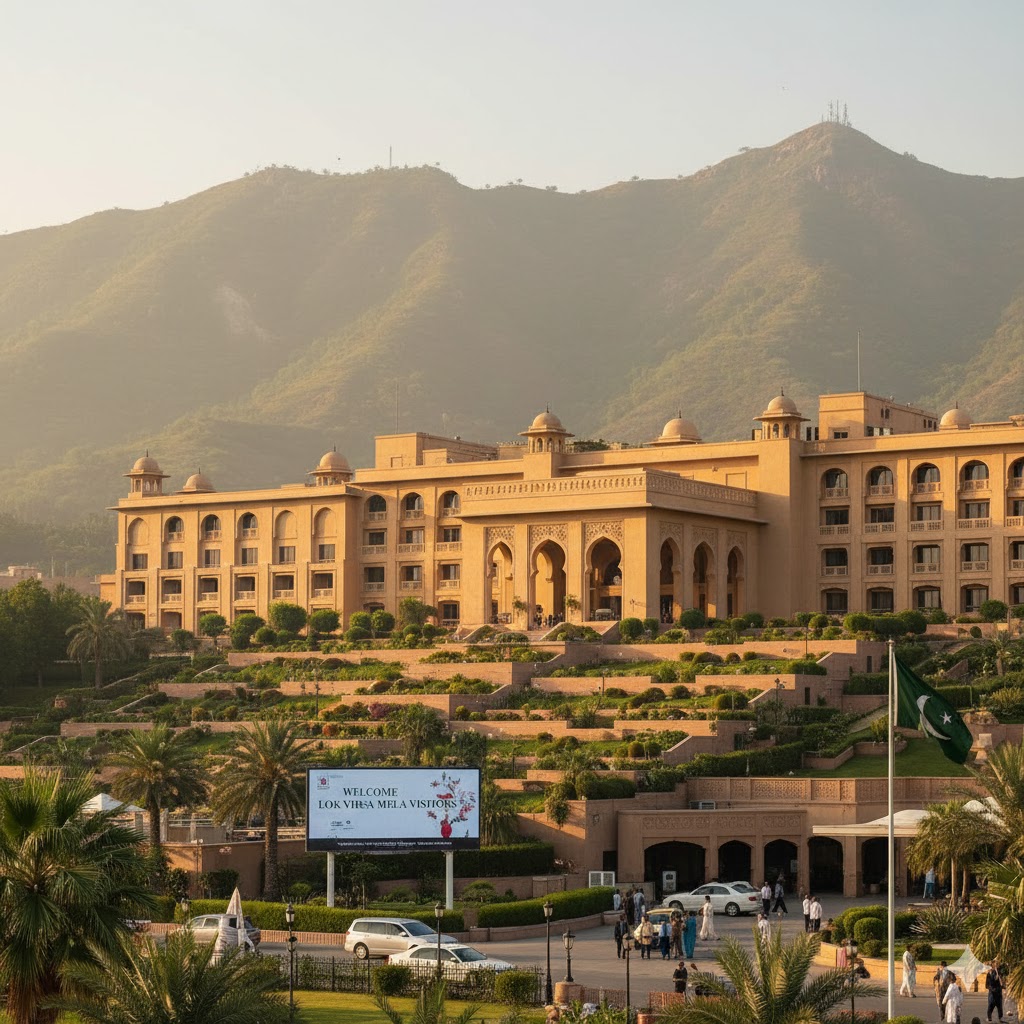 View of Islamabad Serena Hotel with Margalla Hills in background, popular stay for Lok Virsa Mela visitors. View of Islamabad Serena Hotel with Margalla Hills in background, popular stay for Lok Virsa Mela visitors.