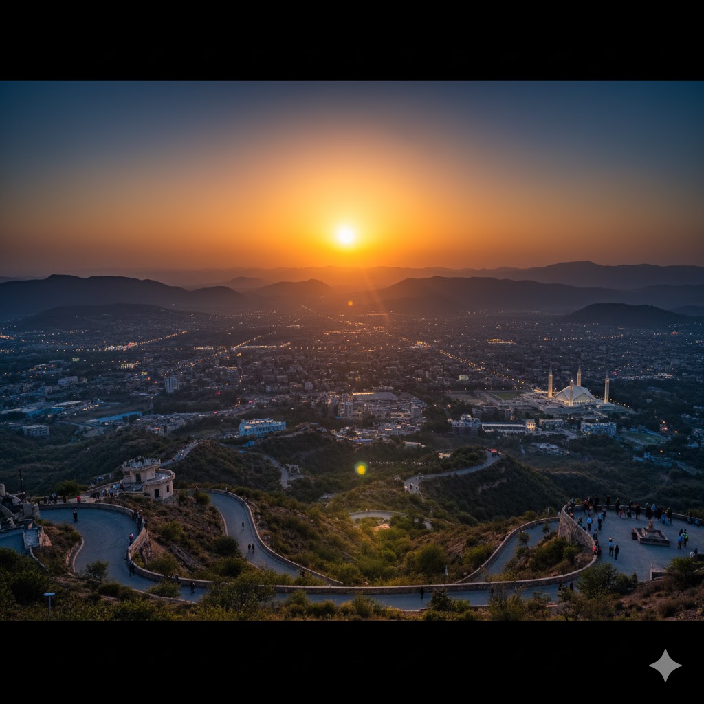View of Islamabad from Pir Sohawa during sunset with city lights and hills