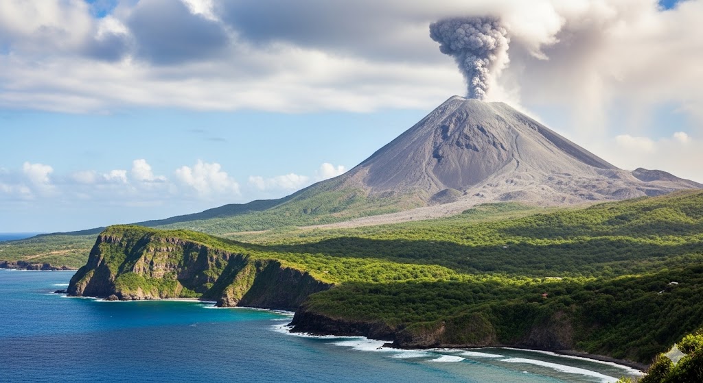 View of Soufrière Hills volcano and green coastline, Montserrat