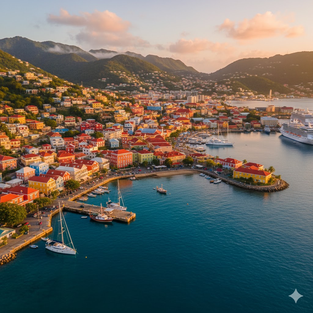 View of St. George’s harbor with colorful houses, Grenada