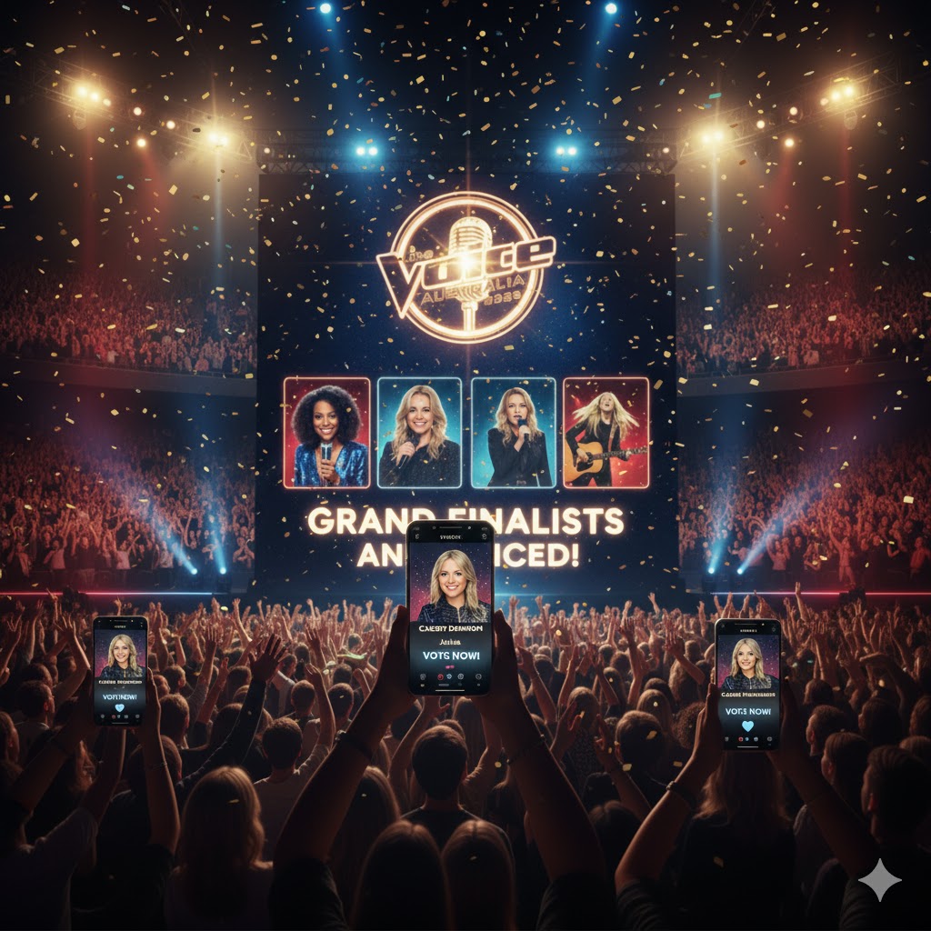 Viewers holding phones, voting for their favorite finalist on The Voice 2025 Viewers holding phones, voting for their favorite finalist on The Voice 2025