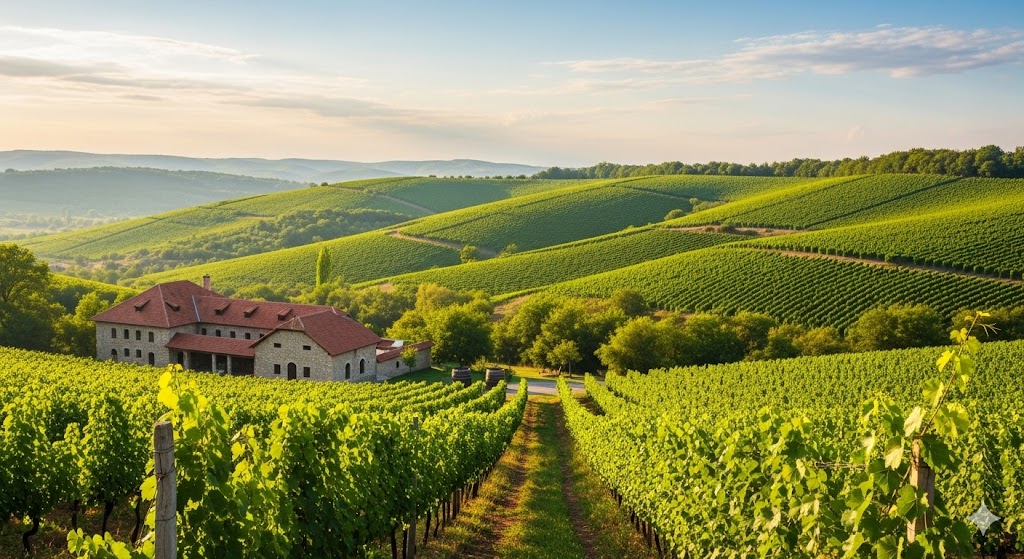 Vineyards and rolling hills around a traditional winery, Moldova