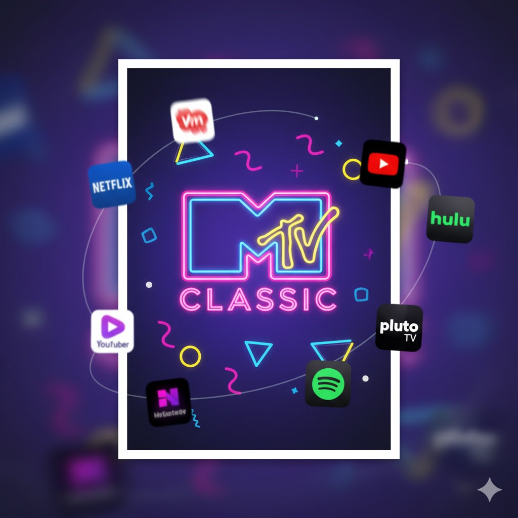 Vintage MTV Classic poster background with streaming app icons floating around it.