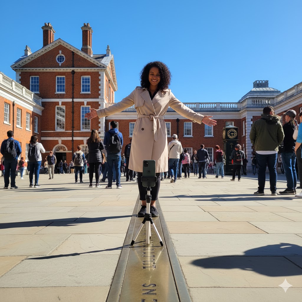 Visitor standing on the Prime Meridian Line at Royal Observatory in Greenwich