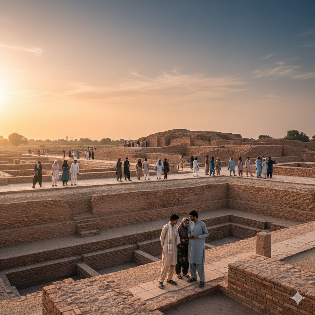 Visitors admiring ancient ruins of Mohenjo-Daro, a UNESCO World Heritage Site in Sindh, Pakistan.