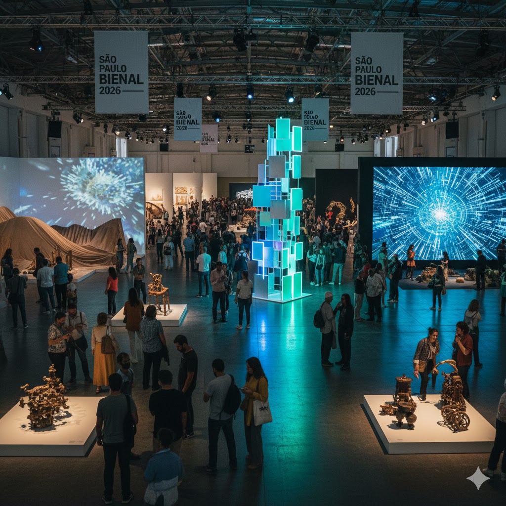 Visitors admiring contemporary art installations at São Paulo Biennial, Brazil.
