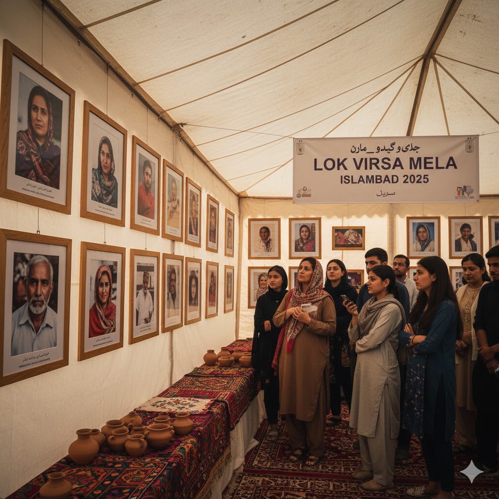 Visitors admiring framed photographs of Pakistani artisans at the Folk Art Gallery during Lok Virsa Mela Islamabad 2025. Visitors admiring framed photographs of Pakistani artisans at the Folk Art Gallery during Lok Virsa Mela Islamabad 2025.