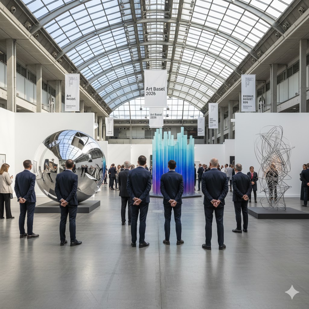 Visitors admiring modern sculptures at Art Basel 2026 Switzerland exhibition.