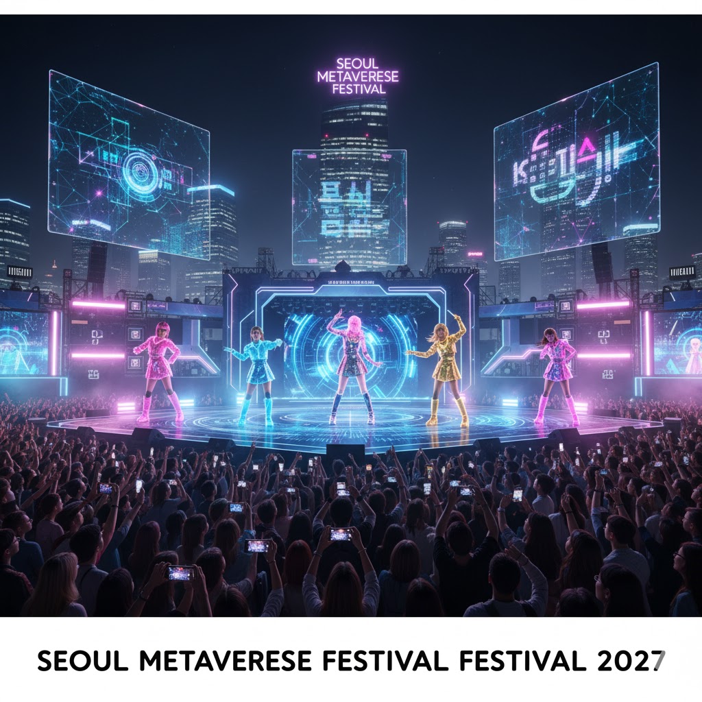 Visitors attending holographic K-pop concert at Seoul Metaverse Festival 2027