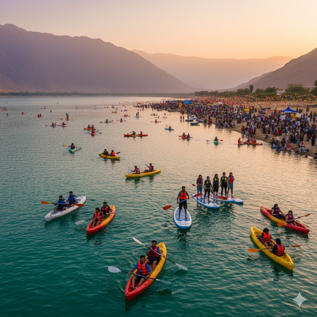 Visitors enjoying kayaking and paddle boating during water sports festival at Uchali Lake, Punjab.