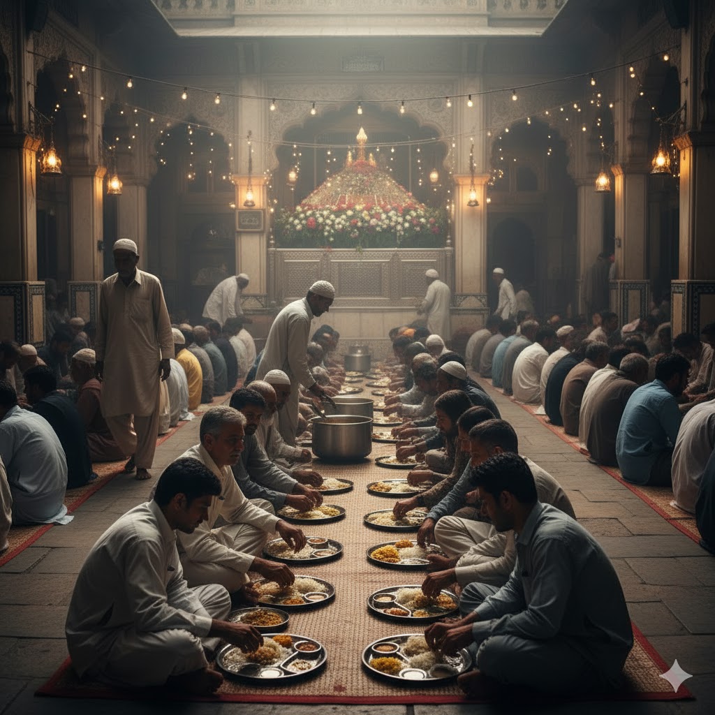Visitors enjoying traditional langar meals at Lahore Sufi shrine, surrounded by pilgrims