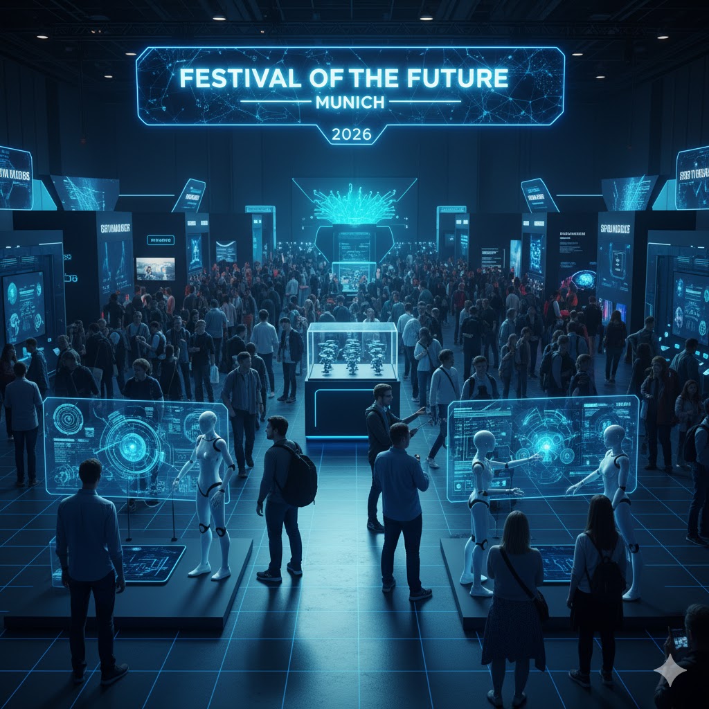 Visitors exploring AI and robotics exhibits at Festival of the Future Munich.