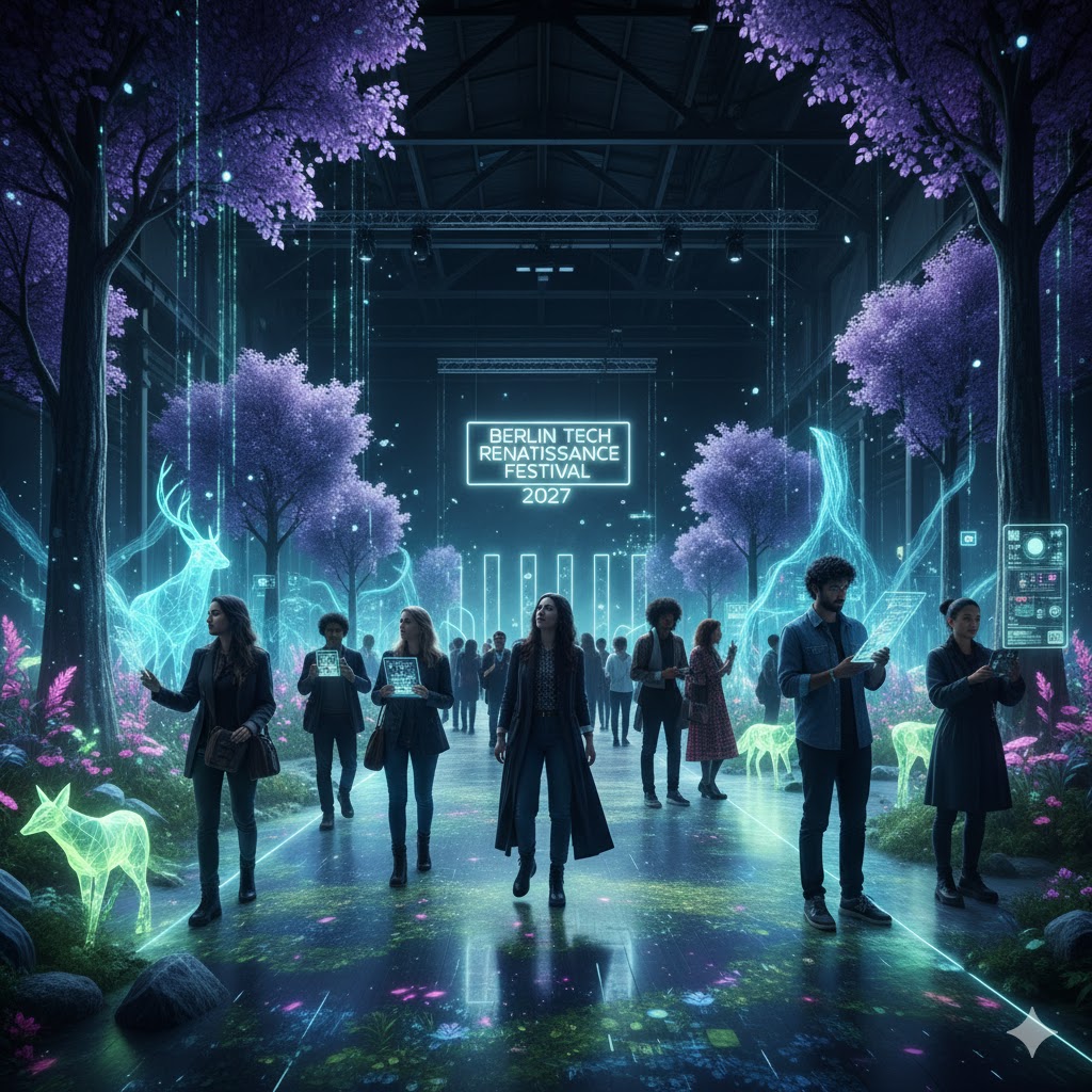 Visitors exploring AI-generated holographic forest at Berlin Tech Renaissance Festival 2027