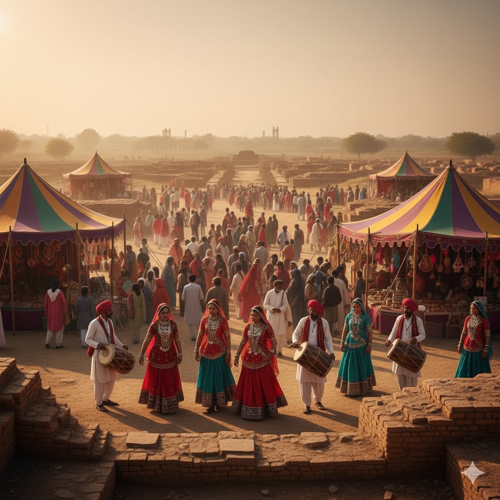 Visitors exploring Bhambore ruins with colorful tents and folk performers during the heritage fair.