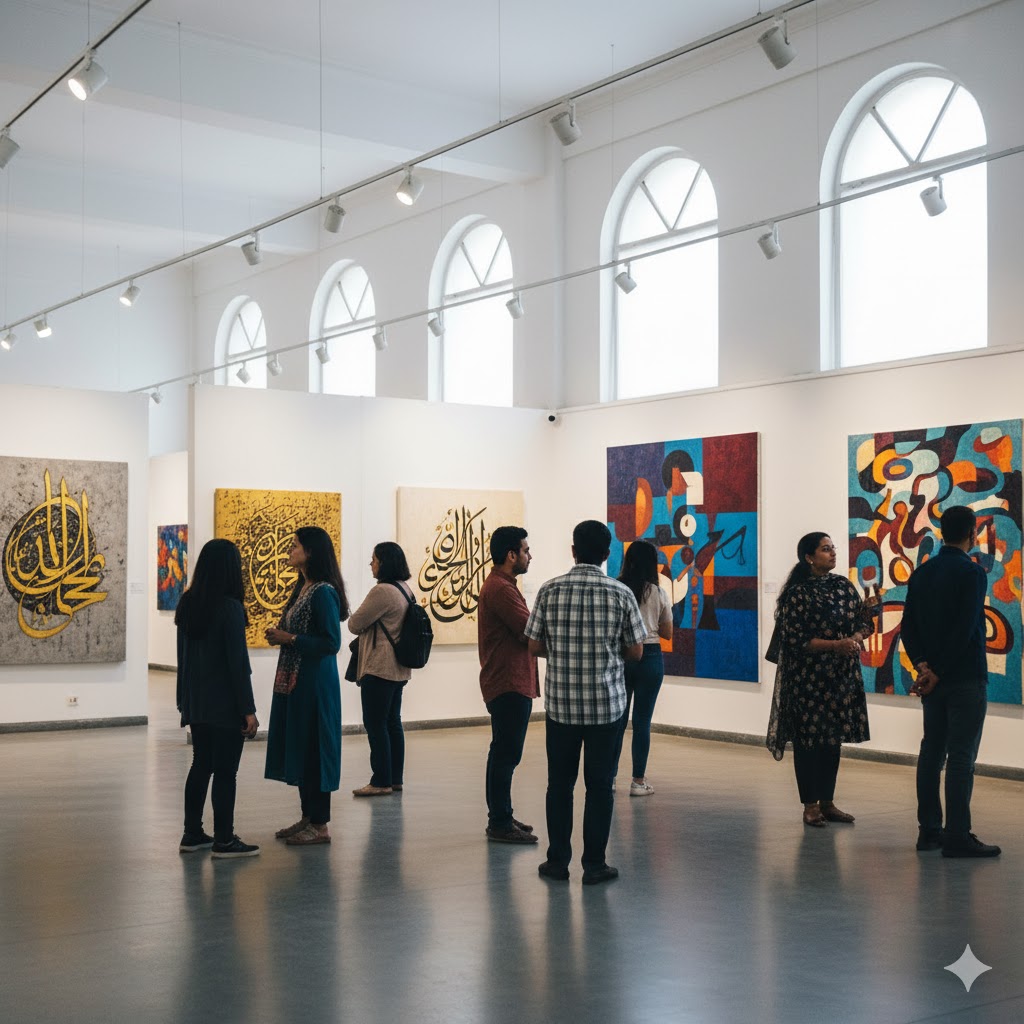 Visitors exploring Lahore’s Alhamra Art Gallery filled with modern calligraphy and abstract art
