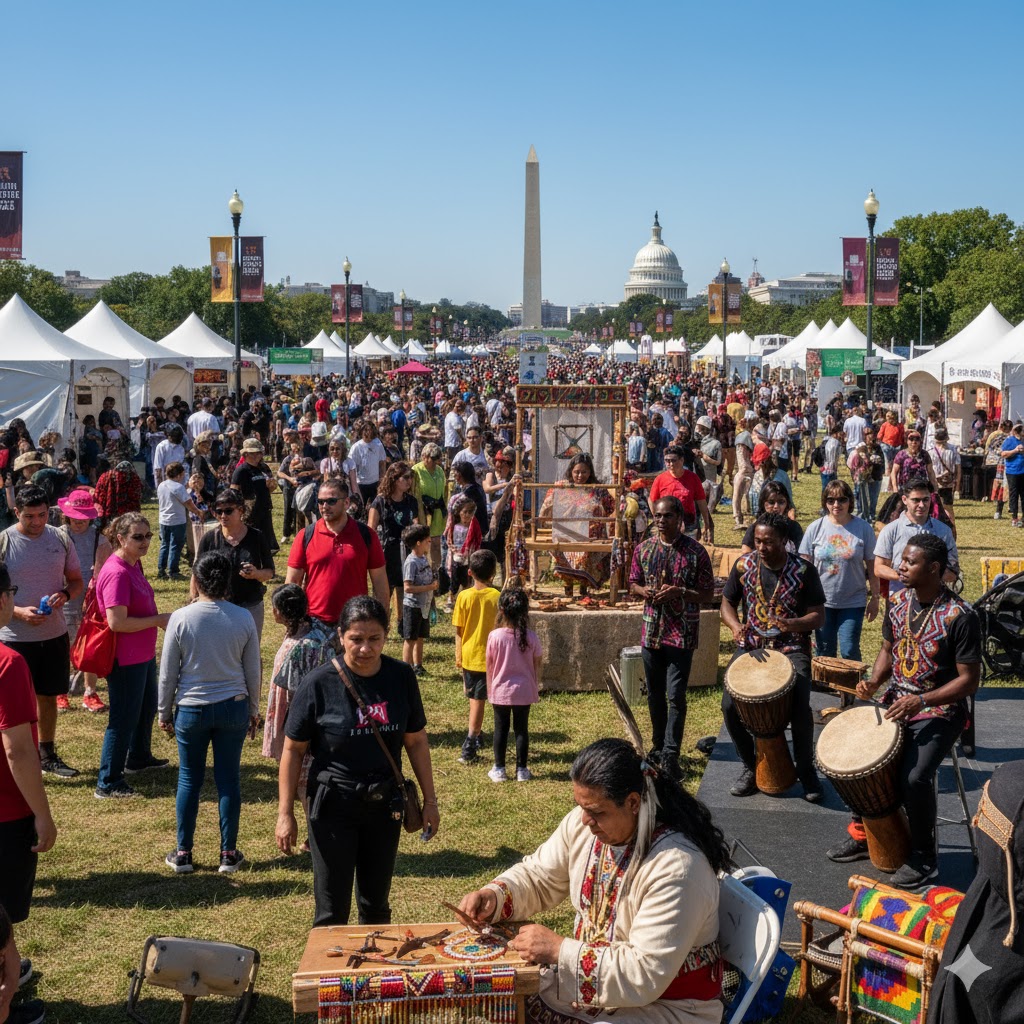 Visitors exploring cultural exhibits and live crafts at Smithsonian Folklife Festival 2026 USA
