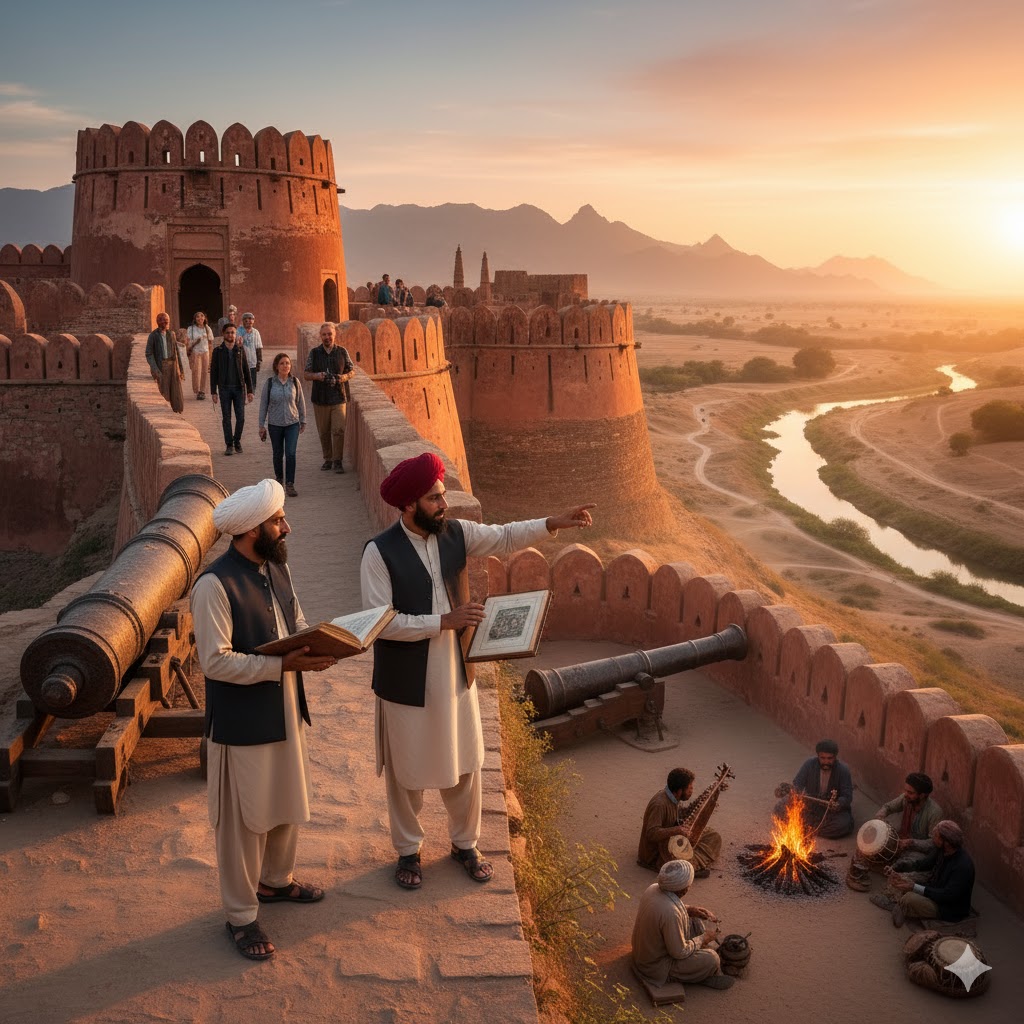 Visitors exploring historic forts of Pakistan during sunset with cultural guides