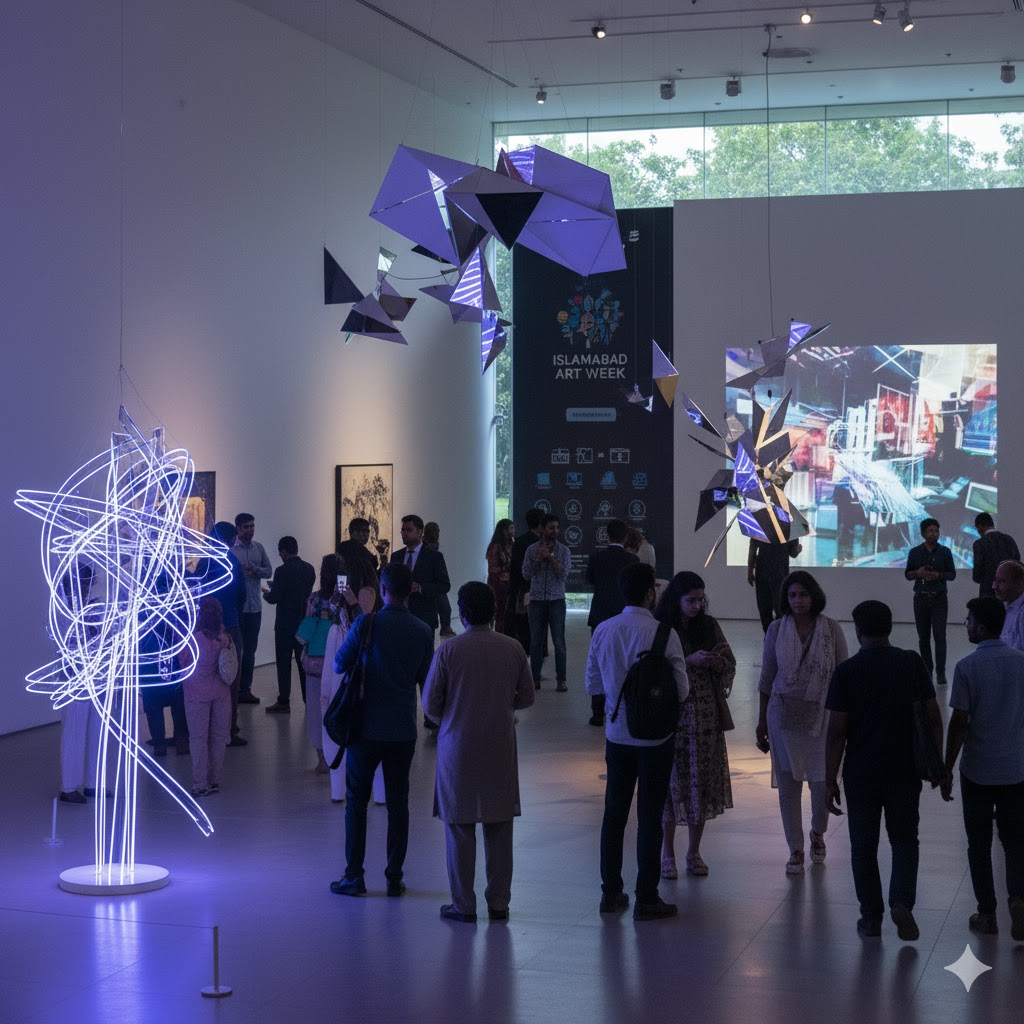 Visitors exploring modern art installations during Islamabad Art Week at PNCA