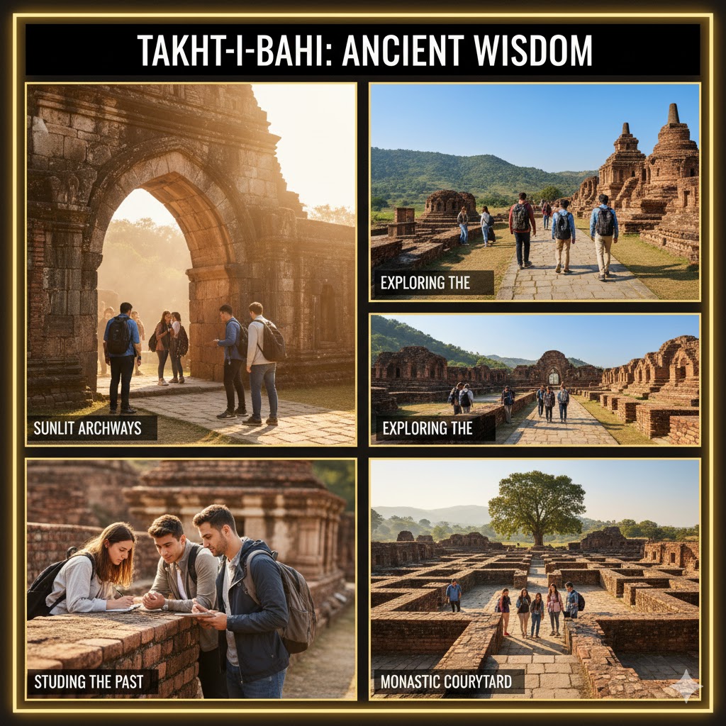 Visitors exploring the ruins of Takht-i-Bahi monastery with sun rays filtering through stone archways