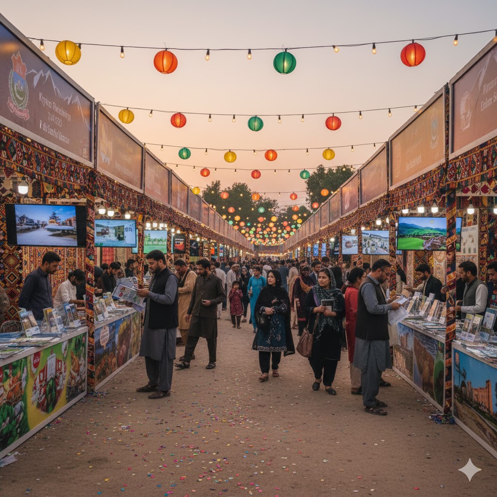 Visitors exploring tourism promotion stalls from all provinces at Lok Virsa Mela Islamabad 2025 with brochures and maps on display. Visitors exploring tourism promotion stalls from all provinces at Lok Virsa Mela Islamabad 2025 with brochures and maps on display.
