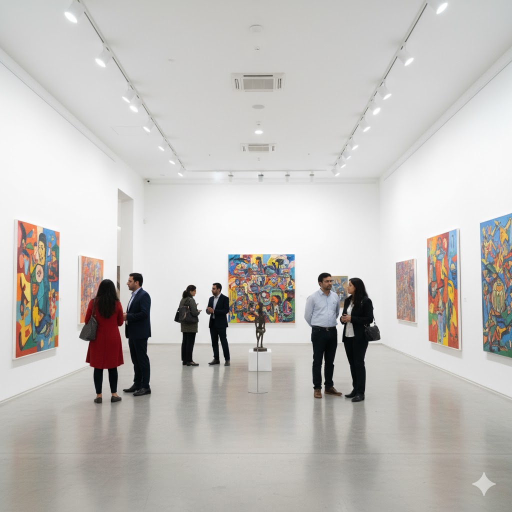 Visitors observing paintings at Ejaz Art Gallery Lahore, with bright lighting and modern canvases displayed