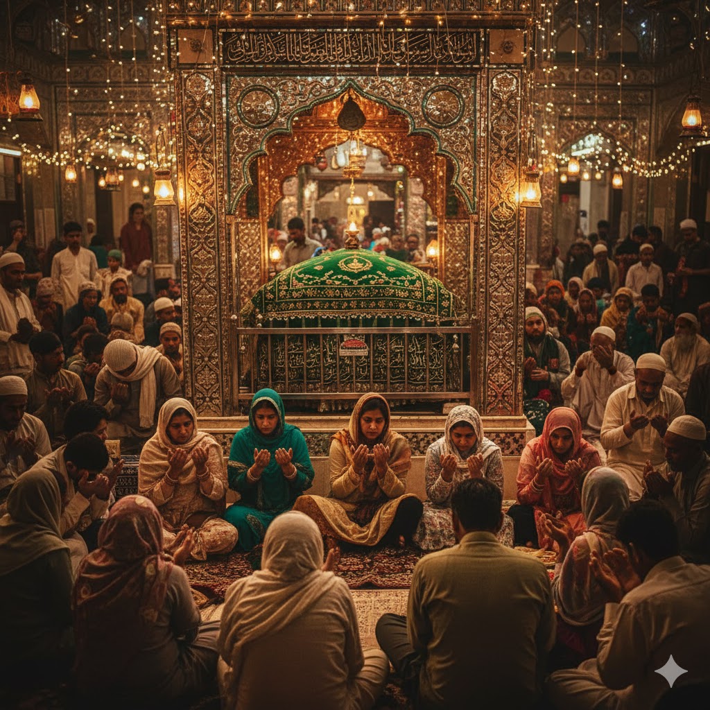 Visitors praying at Bibi Pak Daman shrine in Lahore old city, surrounded by devotees.
