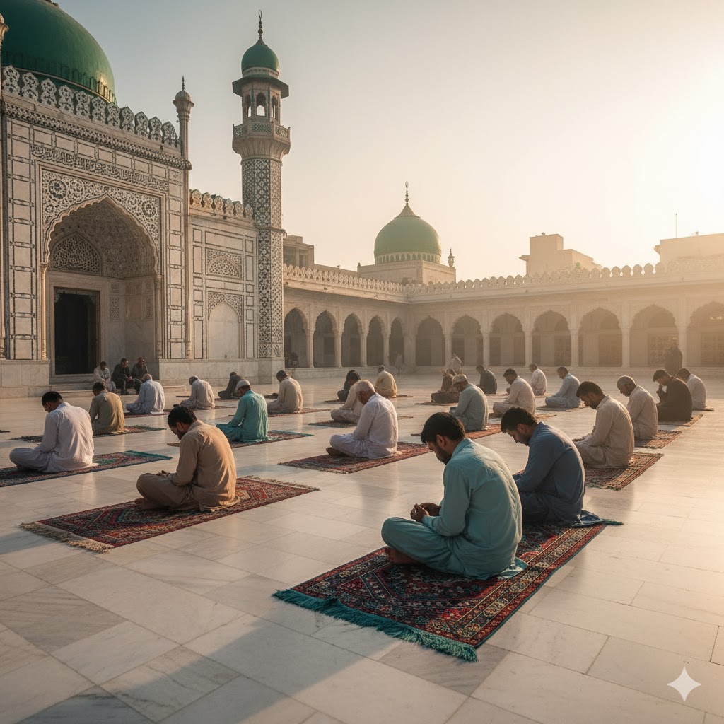 Visitors sitting in silence inside Mian Mir shrine courtyard in Lahore.