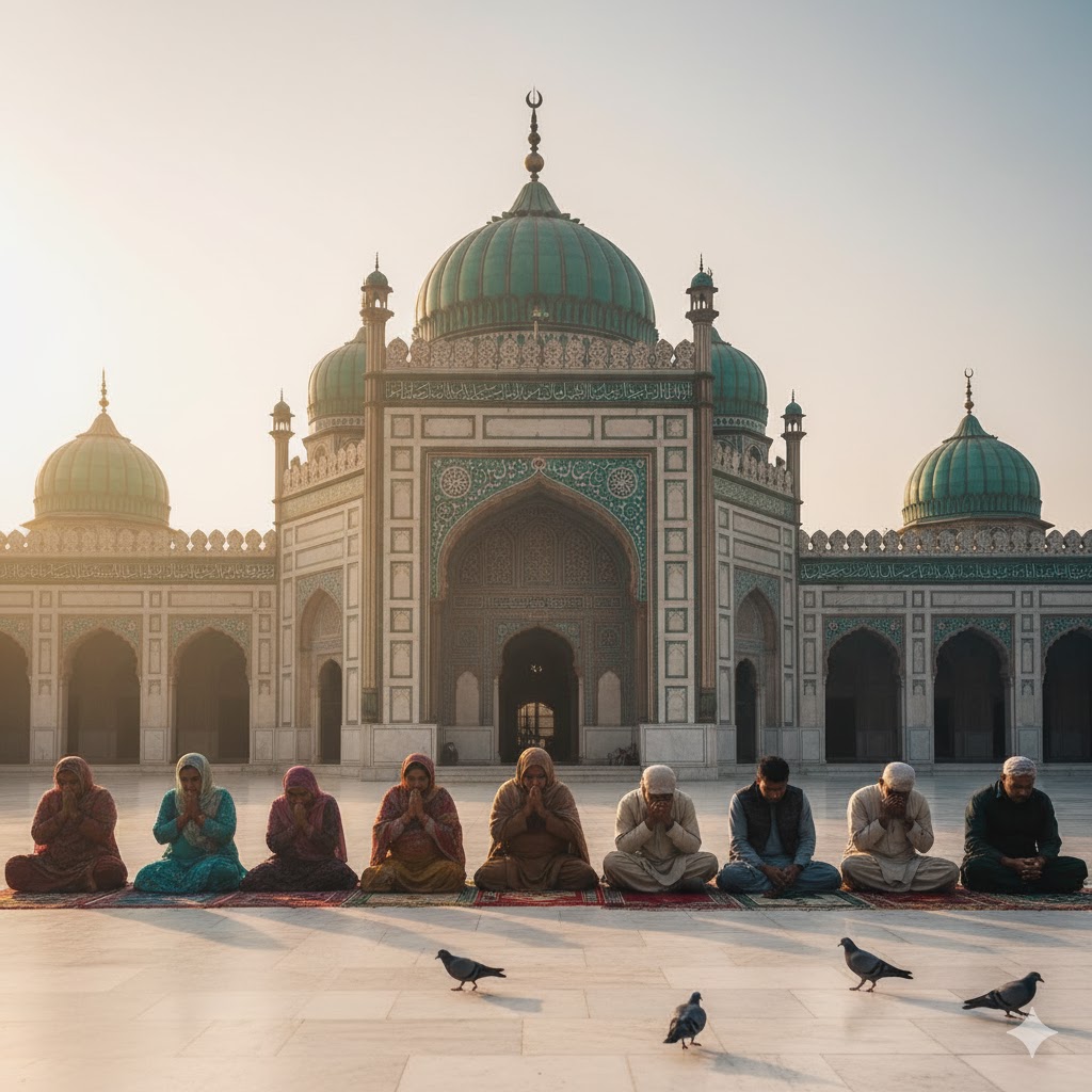 Visitors sitting quietly in Mian Mir shrine courtyard, Lahore, observing devotional practices.