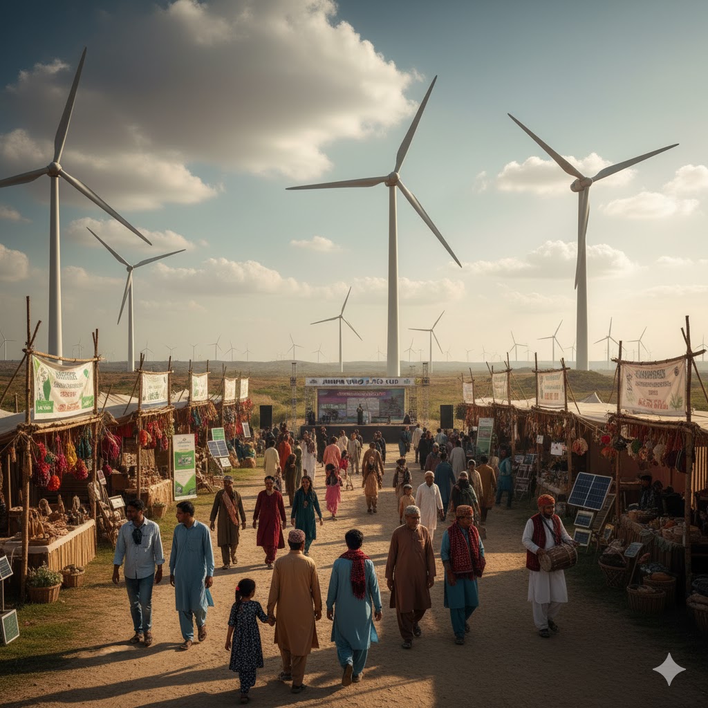 Visitors touring wind turbines and local eco-stalls during Jhimpir Wind & Eco-Fair near Thatta.
