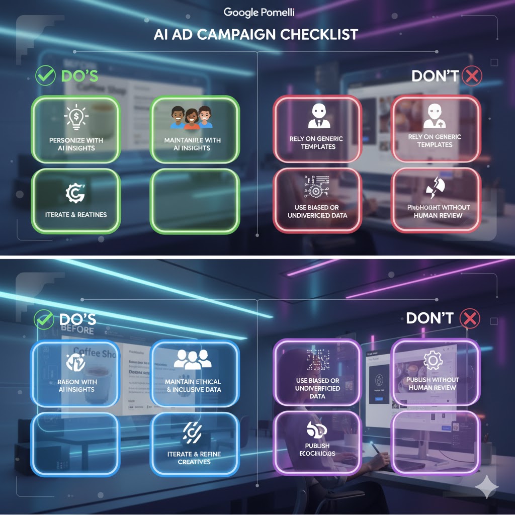 Visual checklist of do’s and don’ts for AI-generated ad campaigns