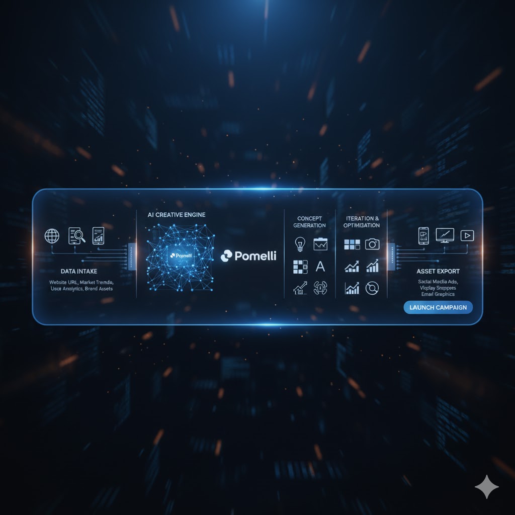  Visual diagram of Pomelli’s AI-powered creative process showing data intake to asset export