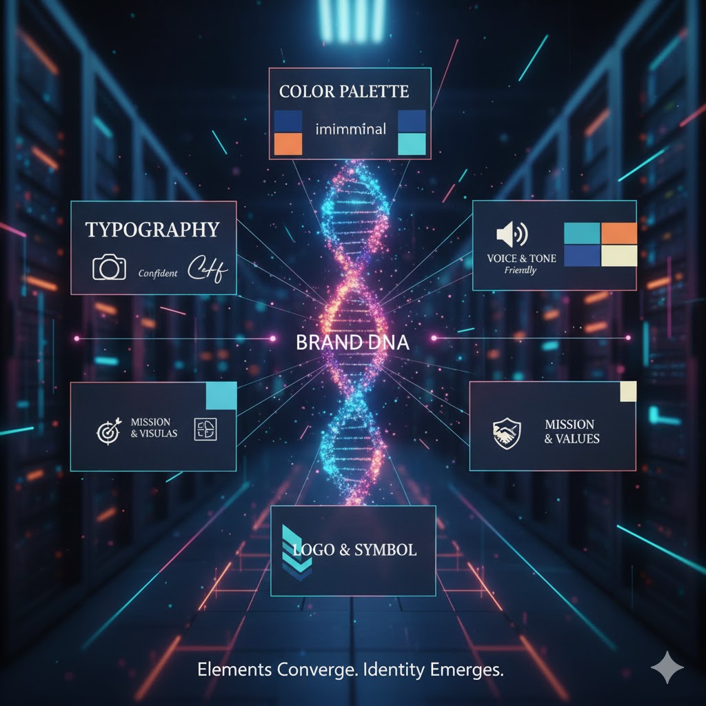  Visualization of brand DNA elements such as fonts, colours, and tone coming together.