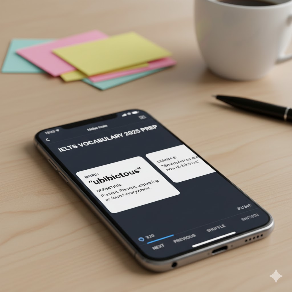 Vocabulary flashcards for IELTS 2025 prep displayed on a smartphone.