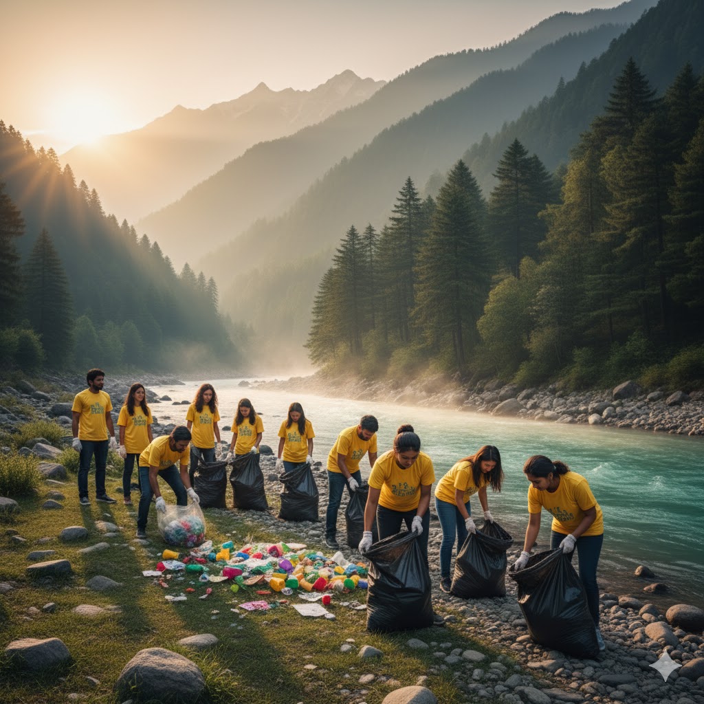 Volunteers cleaning the riverside area at Kasol after Freedom Festival