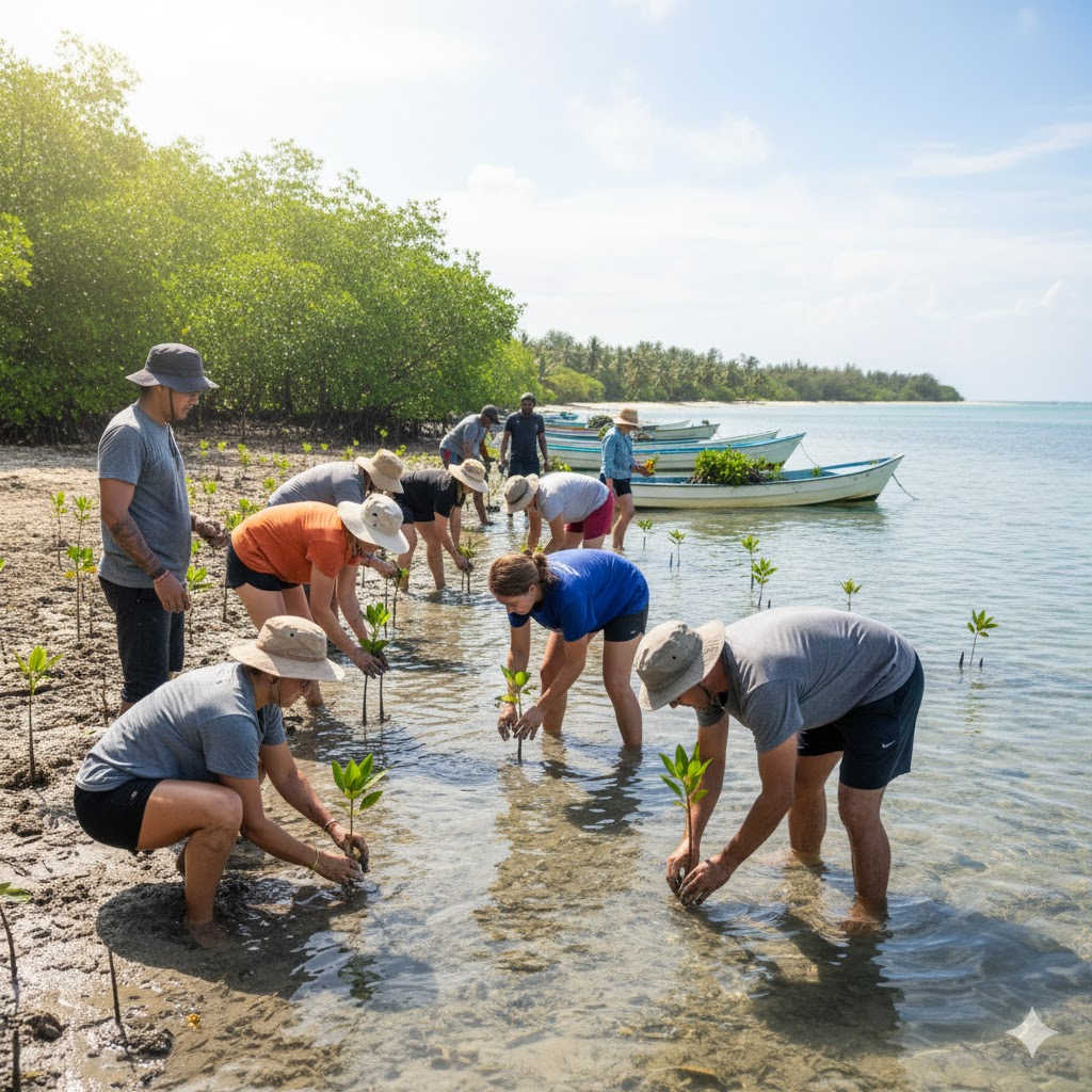 Volunteers planting mangroves along tropical shoreline for Earth Day