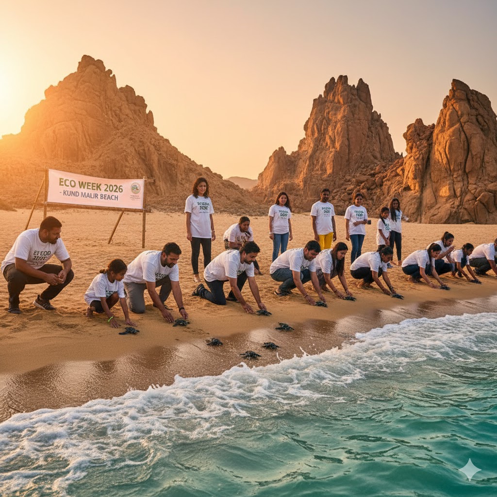 Volunteers releasing baby turtles at Kund Malir Beach during Eco Week 2026