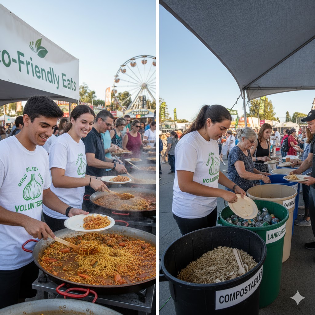 Volunteers serving eco-friendly meals at the Gilroy Garlic Festival 2026