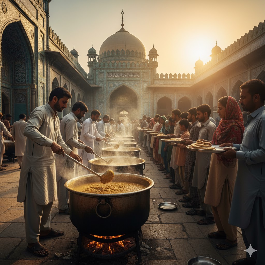 Volunteers serving langar meals in large pots at Multan shrine courtyard during festival season.  Volunteers serving langar meals in large pots at Multan shrine courtyard during festival season.